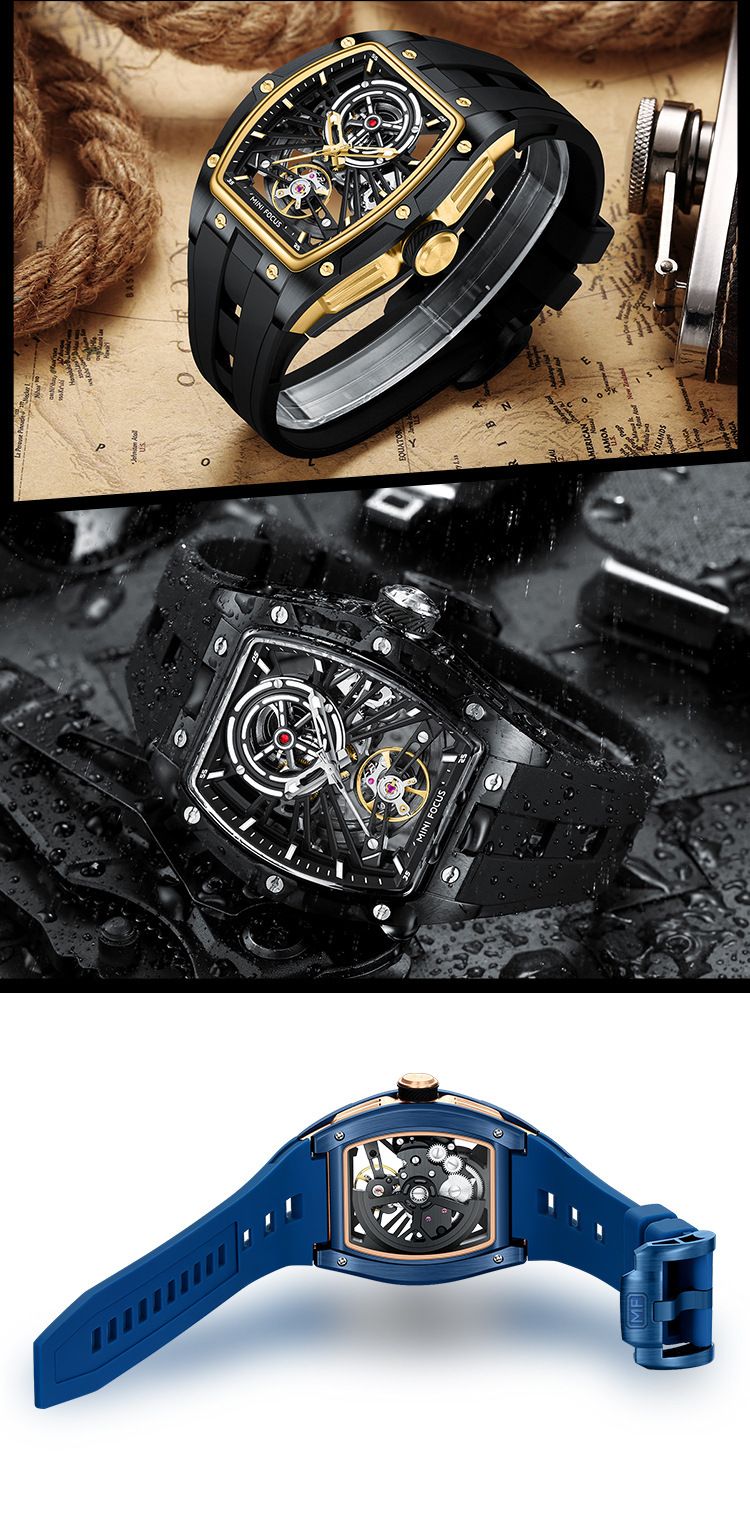 Men's Automatic Skeleton Watch With Stainless Steel Case, Silicone Strap, Luminous Hands, And 50m Water Resistance Automatic Mechanical Watch 0603G_voghion.com