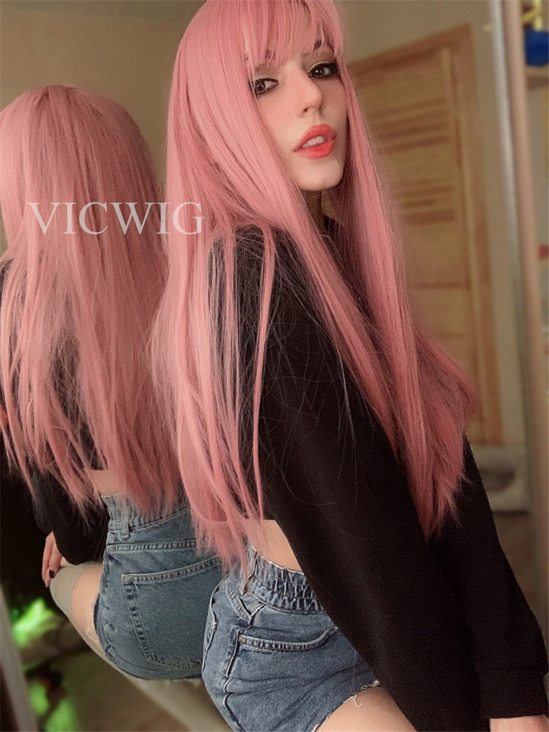 Kuum müük VICWIG Cosplay tukkidega sünteetilised sirged juuksed 24-tollised pikad kuumakindlad roosad parukad naistele_voghion.com