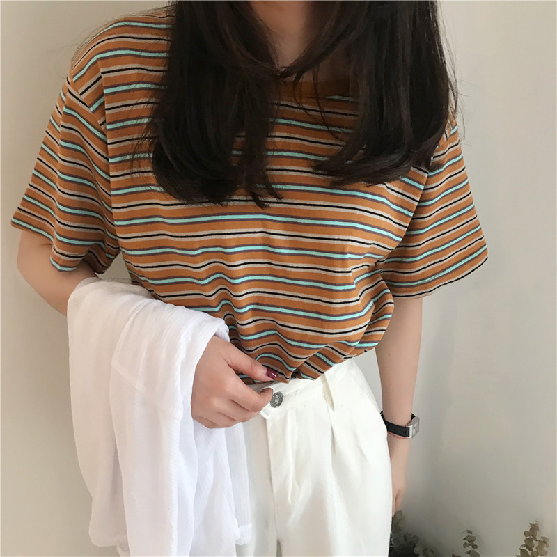T-shirt estiva a maniche corte a righe da donna, nuova camicia base in versione coreana, top, abbigliamento da donna oversize_voghion.com