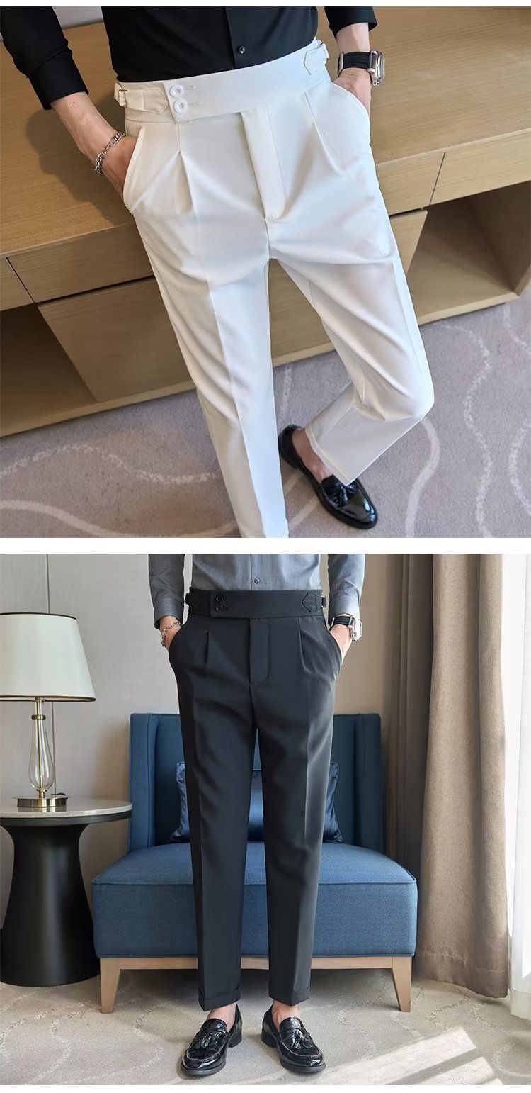 Yüksek kaliteli Napoliten yüksek belli pantolonlar, erkekler için iş amaçlı gündelik, çok yönlü, modaya uygun, İngiliz, yakışıklı, düz paça takım pantolonları_voghion.com