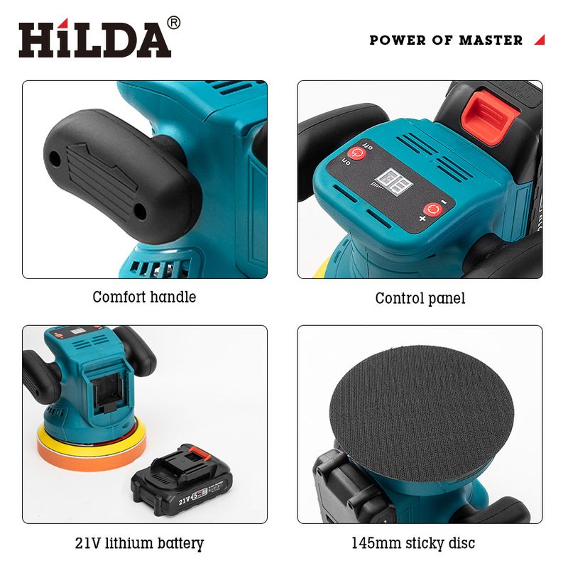 Polisseuse sans fil HILDA pour voitures et marbre - 3 vitesses réglables, patin de 125 mm, 2 800 tr/min, batterie au lithium (5 modèles disponibles)_voghion.com