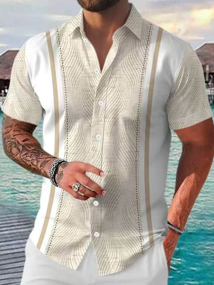 Herrenbekleidung Dünnes, atmungsaktives, bedrucktes, gestreiftes Kurzarmhemd für den Strand und die Freizeit_voghion.com