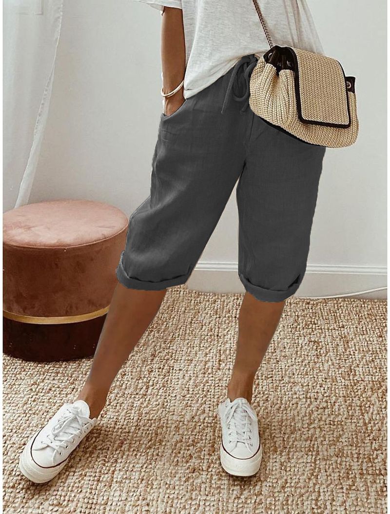 Women's cotton and linen pocket elastic casual pants women's pants quarter pants_voghion.com