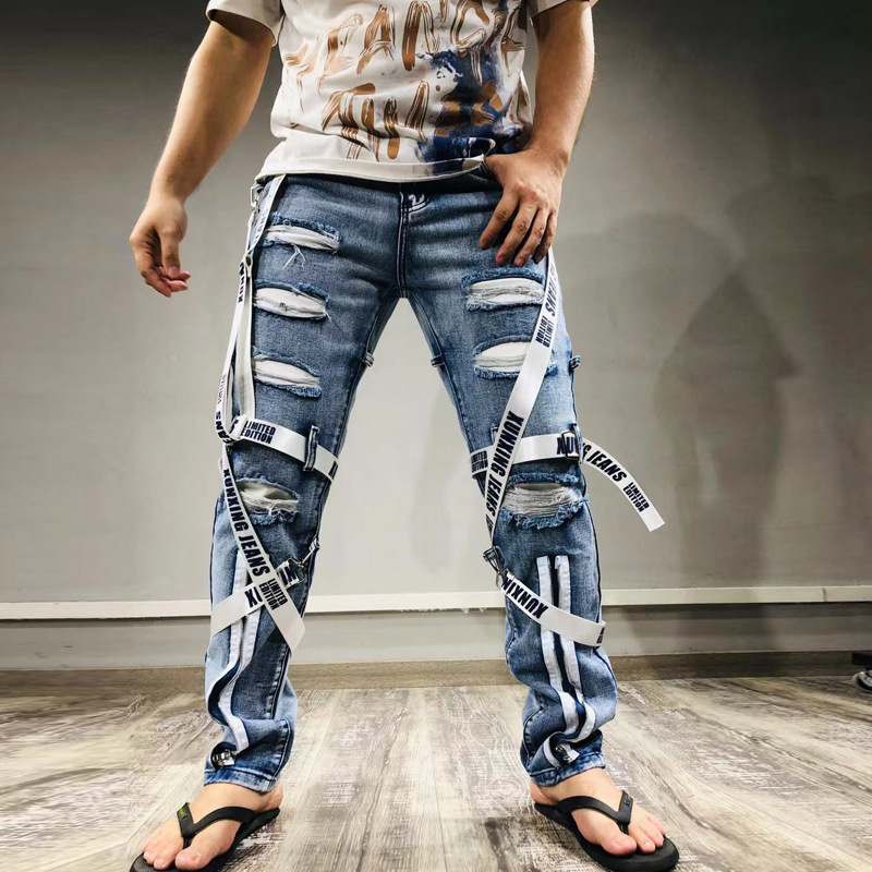 Jean avec ruban en tissu autocollant, avec pieds cassés, fermeture éclair, vêtements Slim pour hommes, à la mode, 2021_voghion.com