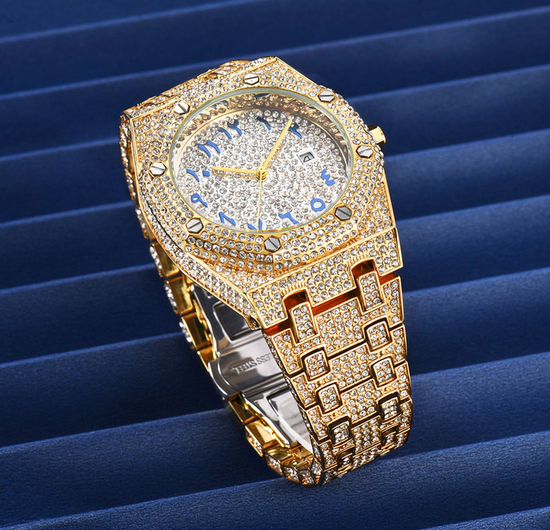 Orologio da uomo di lusso con diamanti bling, orologio al quarzo impermeabile per uomo, orologio da polso con calendario hip-hop_voghion.com