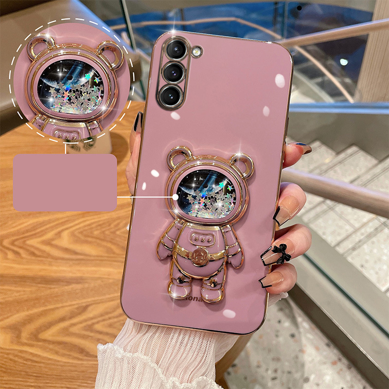Til Samsung S23 Ultra Case,Plating Space Bear Stand Blødt Cover til Samsung Galaxy S23 S22 S21 S20 Ultra FE S10 Plus Note 20 A73 A72 A71 A54_voghion.com