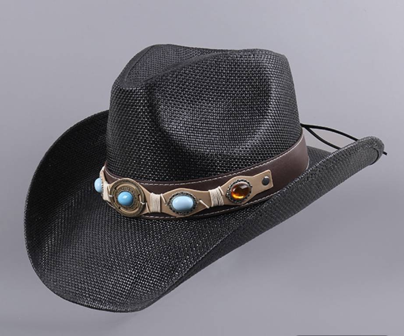Nuovo parasole Cappello da cowboy occidentale in paglia Cappello da jazz a tesa larga con cintura gioiello da viaggio per ciclismo da uomo_voghion.com
