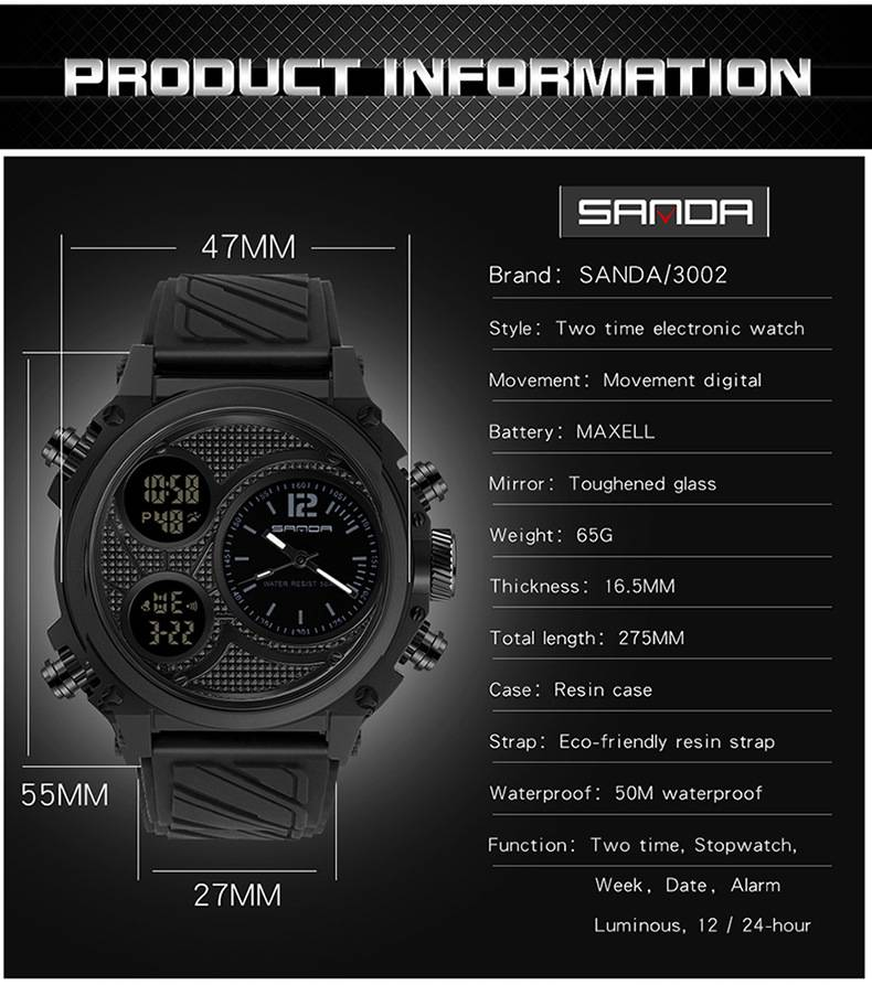 SANDA LED Digital Sport Watches 50m Waterproof Electronic Wristwatch Three Time Display Quartz Watch for Men Alarm Clock_voghion.com