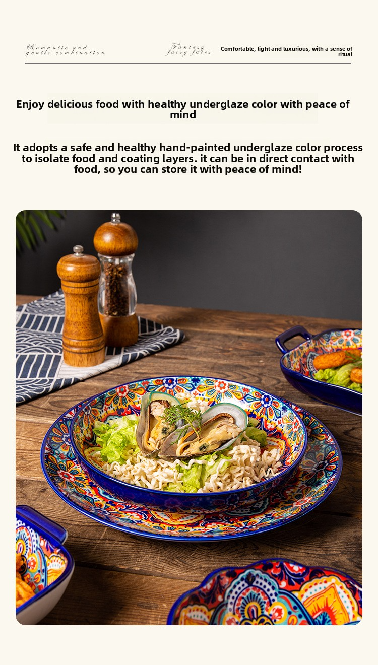 Bohemian Ceramic Dinnerware Set - Underglaze Hand-Painted Bowls & Plates With Handles Vintage Style For Home & Restaurant_voghion.com