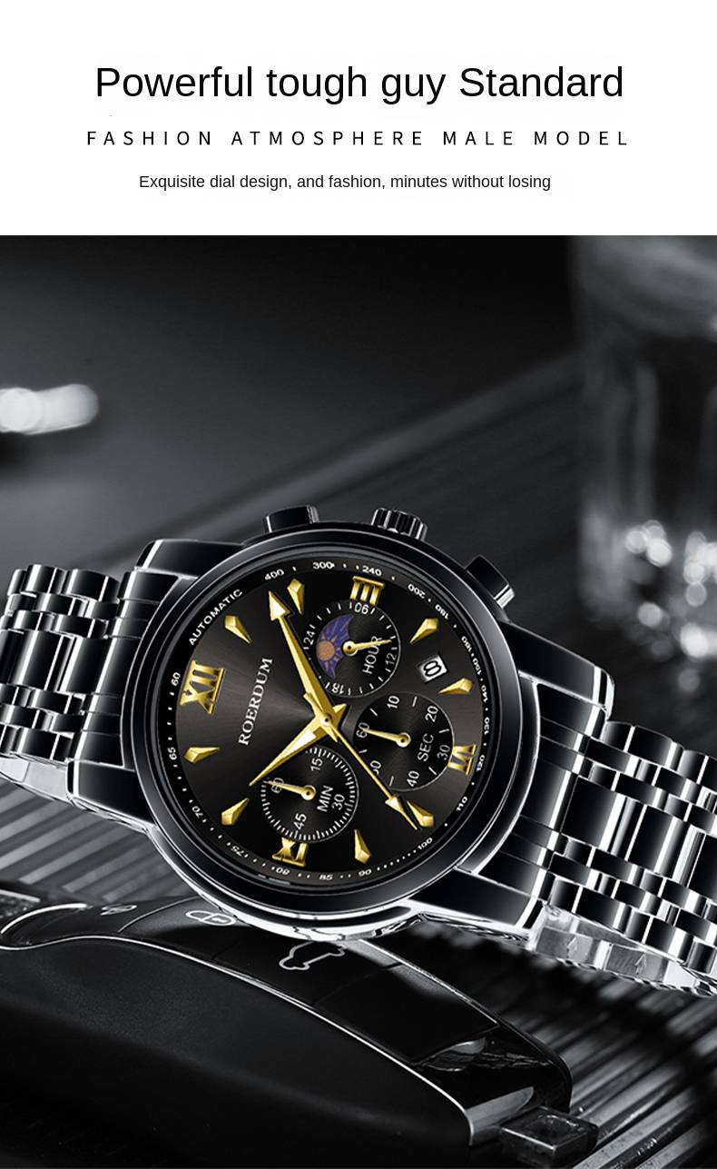 ROERDUM Cool Play Series - Quartz Movement,Stainless Steel Bracelet,Black Dial,Casual & Stylish Men's Watch_voghion.com