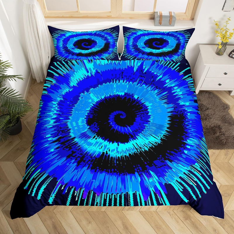 Funda nórdica azul tie-dye para cuna de niños y niñas, funda nórdica abstracta en espiral, juego de cama con círculos geométricos, juego de cama azul y negro para decoración de dormitorio._voghion.com