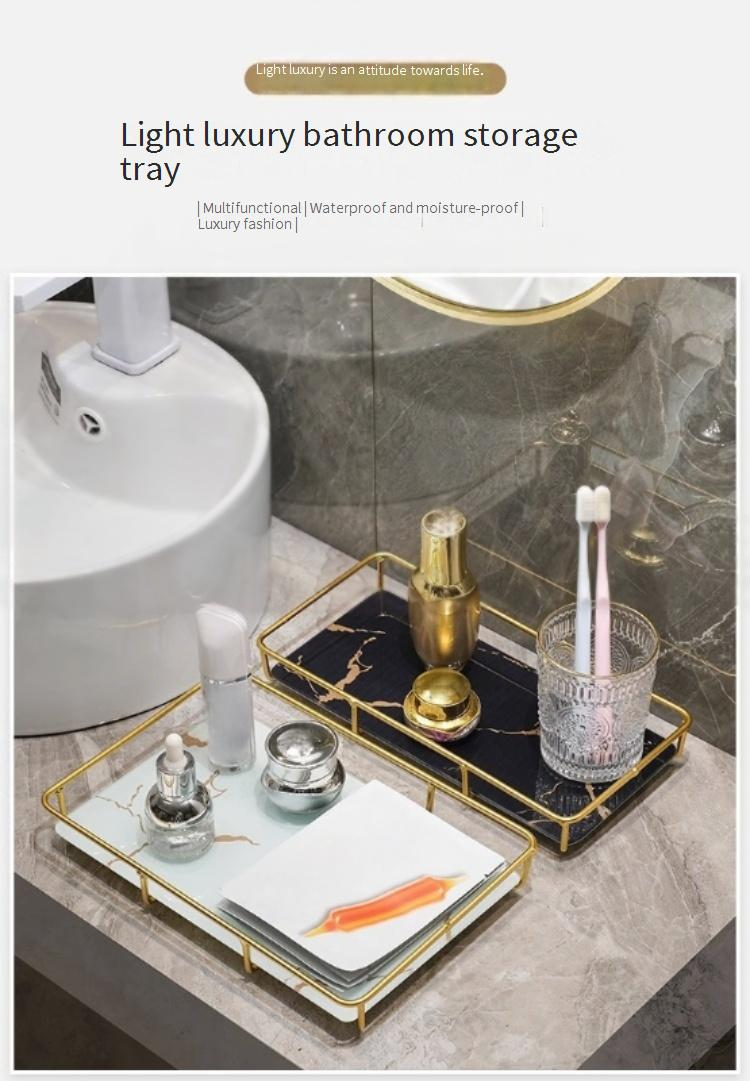 Elegant Bathroom Vanity Tray - Modern Single-Tier Makeup Organizer With Gold Accents For Countertop & Sink Area (Large/Small, Black/White Gold)_voghion.com