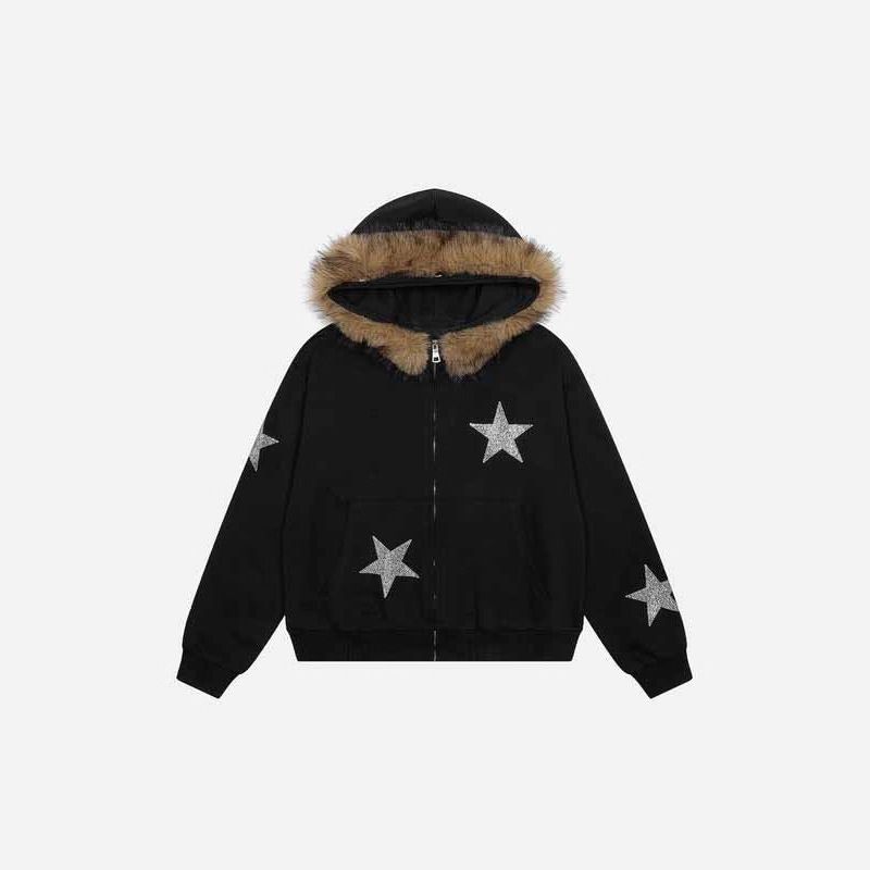 Felpa con cappuccio e cerniera in pelliccia sintetica con stella ricamata retrò da uomo e da donna - Pullover unisex alla moda di alta moda con stampa 3D_voghion.com