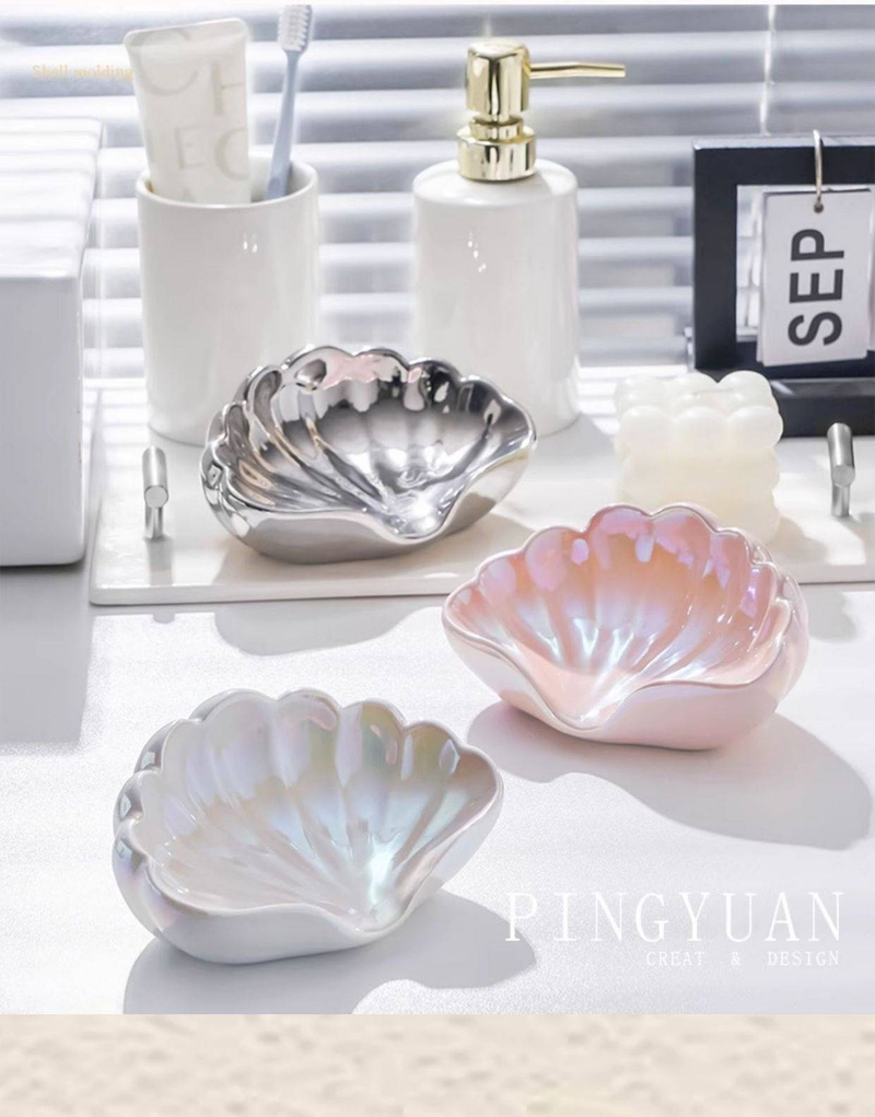 Ceramic Seashell Soap Dish, Creative Bathroom Drain Soap Box, Toilet Sink, High End Luxury Soap Holder_voghion.com