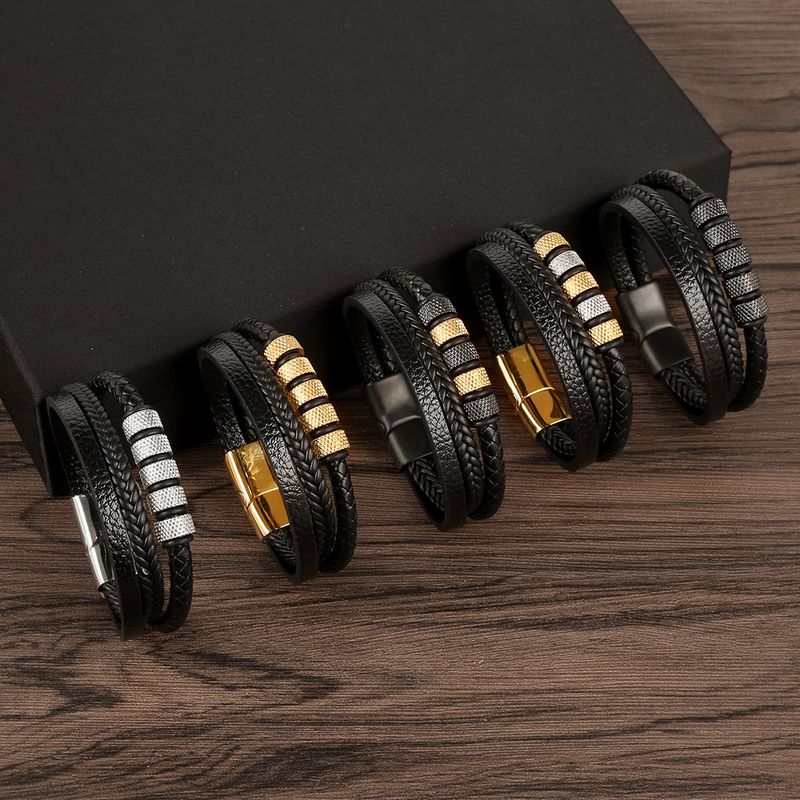 Trendy Creative Doppelschicht Edelstahl Zylinder Rändellederarmband Herren gewebt einfache Hand Seil_voghion.com