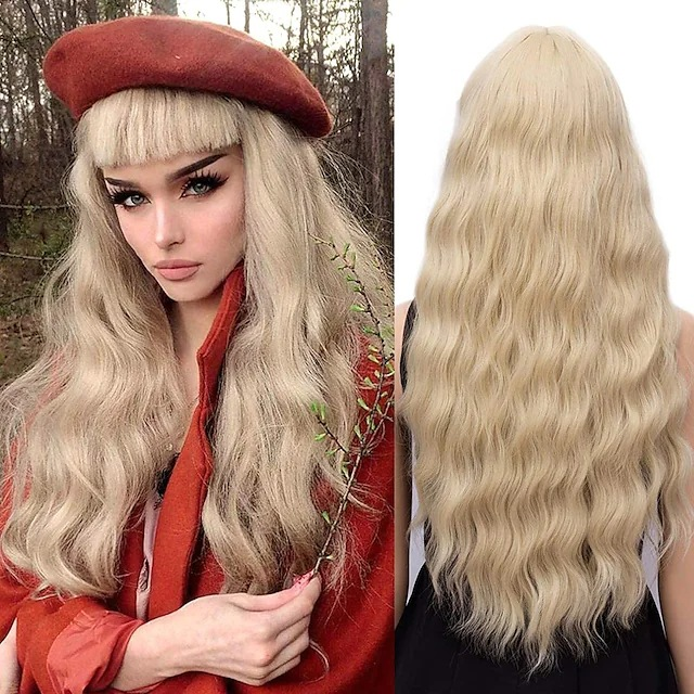 Synthetic wig New Women's Small Water Wave Pattern Wool Long Curled Hair Straight bangs Multi color Chemical Fiber Head Cover_voghion.com