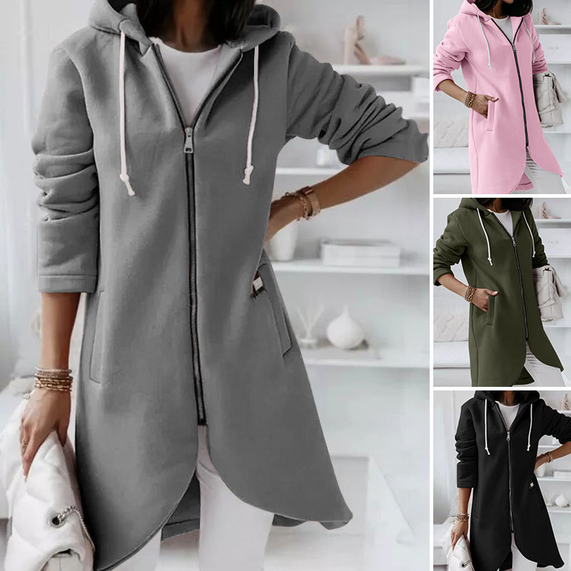 Neue personalisierte Street-Reißverschluss-Kapuzen-Sweatjacke aus langem Fleece für Damen_voghion.com