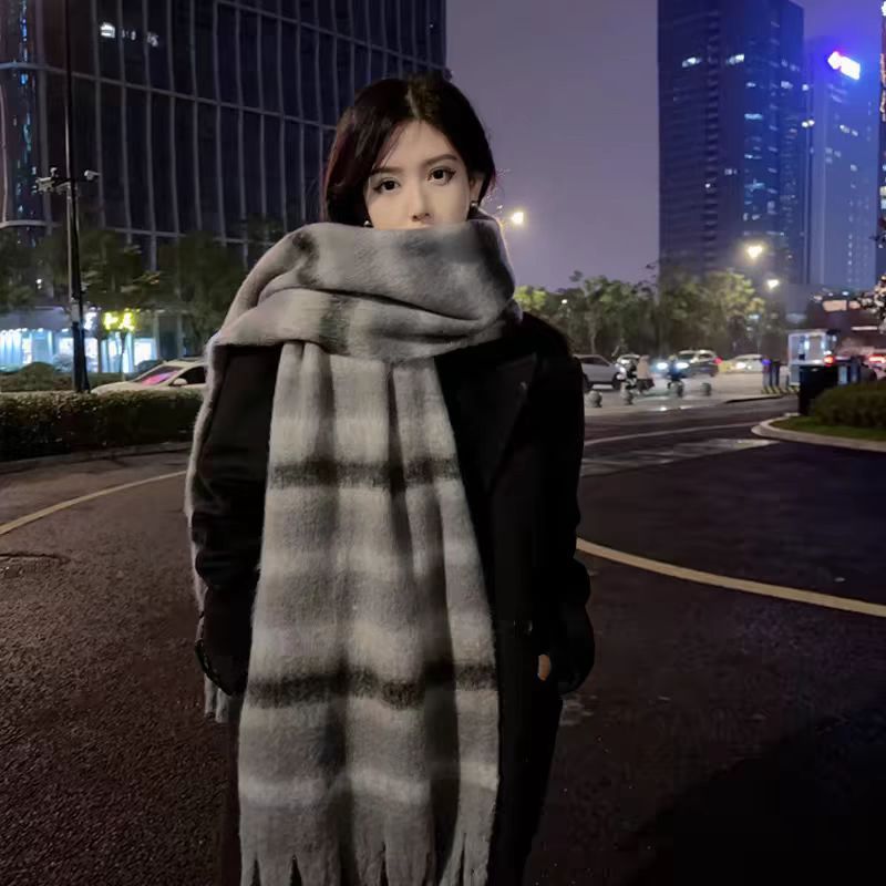 Thousand Bird Grid Scarf for Women, Autumn and New St, Student Versatile, Thickened Warm Scarf, Tassel, Winter Ins_voghion.com