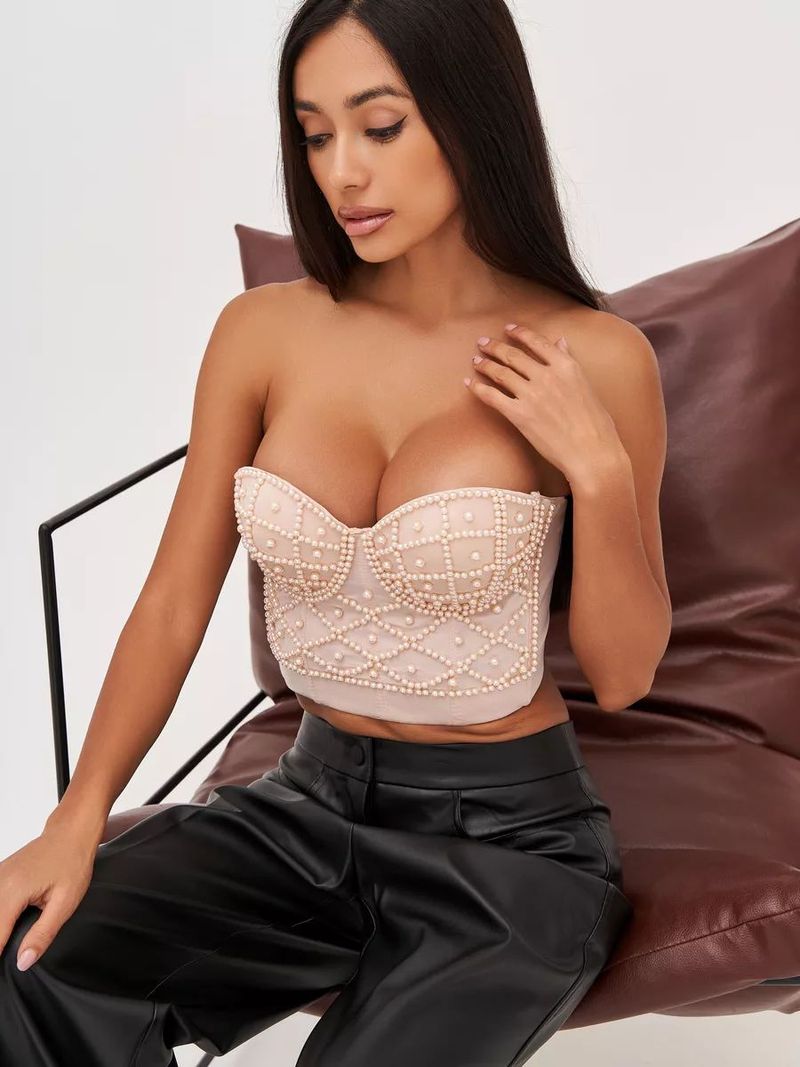 Corsetto sexy con spalline di perle - Bustino regolabile con lacci per donna, moda estiva elegante e chic_voghion.com
