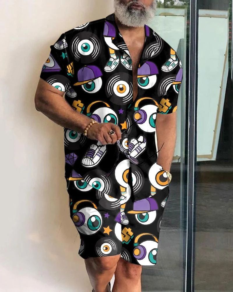 2024 Neues Freizeit-Urlaubs-Kurzarm-Shirt-Set mit orangefarbenem Blatt-Print_voghion.com
