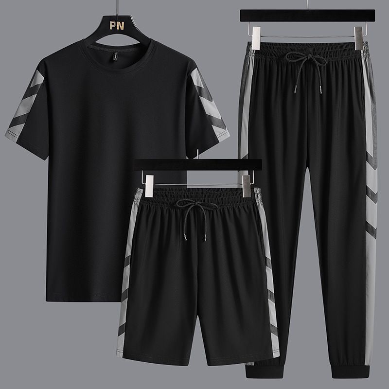 LazyZoom 2025 Set estivo da uomo in seta sottile e ghiaccio, a maniche corte, casual, sportivo, in tre pezzi, elastico, ad asciugatura rapida, con pantaloncini_voghion.com