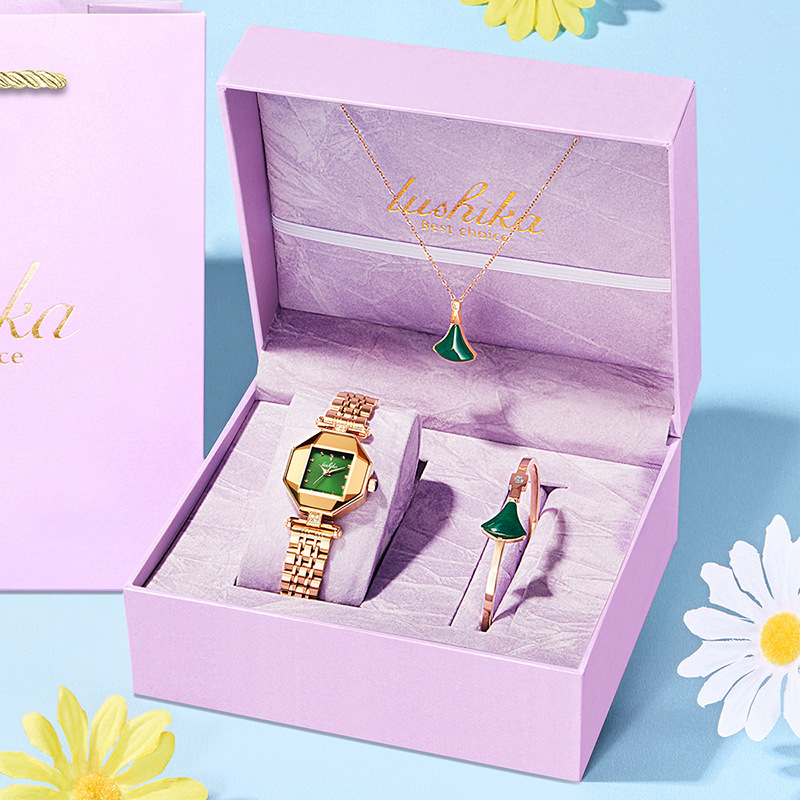 Beliebtes neues Damenuhren-Set, Valentinstagsgeschenk, dreiteiliges Set, Geschenkbox, authentisch_voghion.com