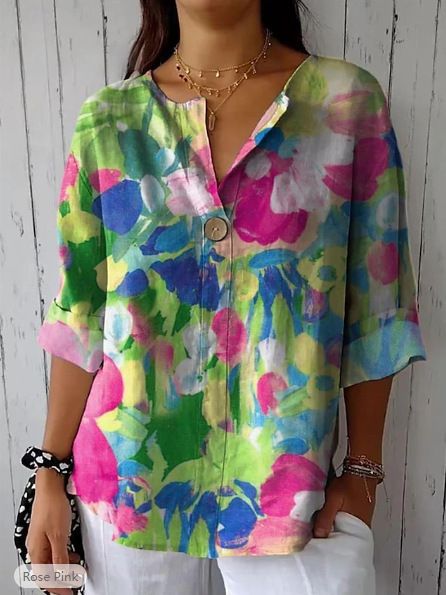 Maglietta casual con scollo a V e bottoni, nuova primavera e autunno da donna 2025_voghion.com