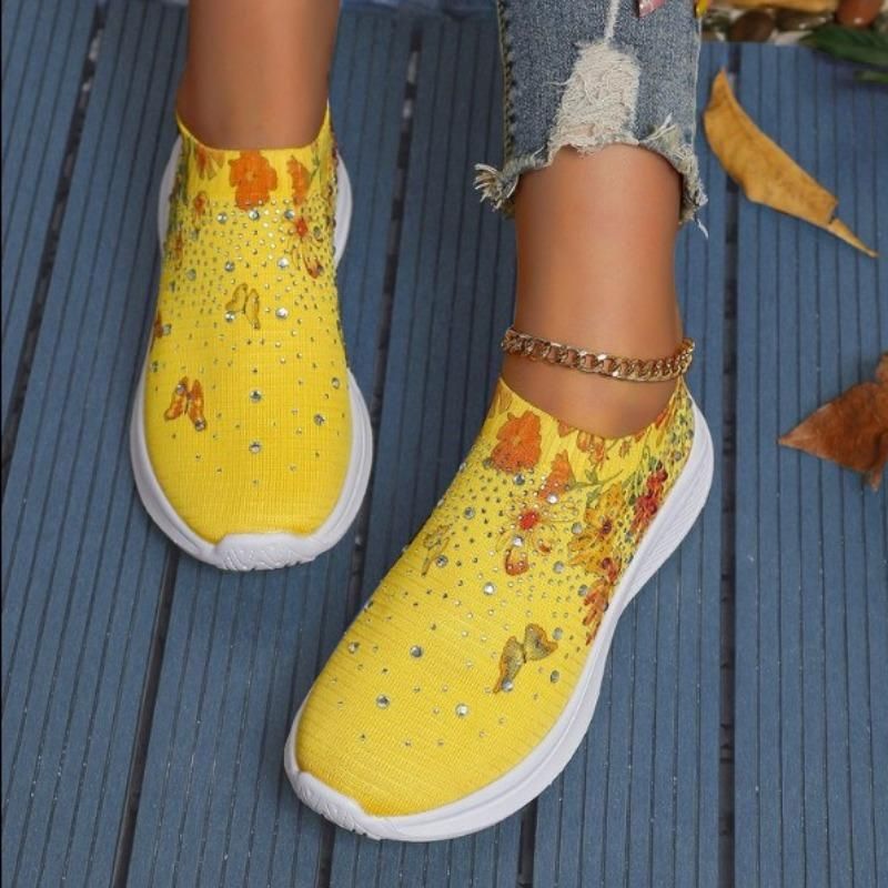 Sneakers slip-on da donna CMY con decorazioni in strass e stampa floreale e a farfalla - Scarpe da corsa traspiranti in maglia_voghion.com