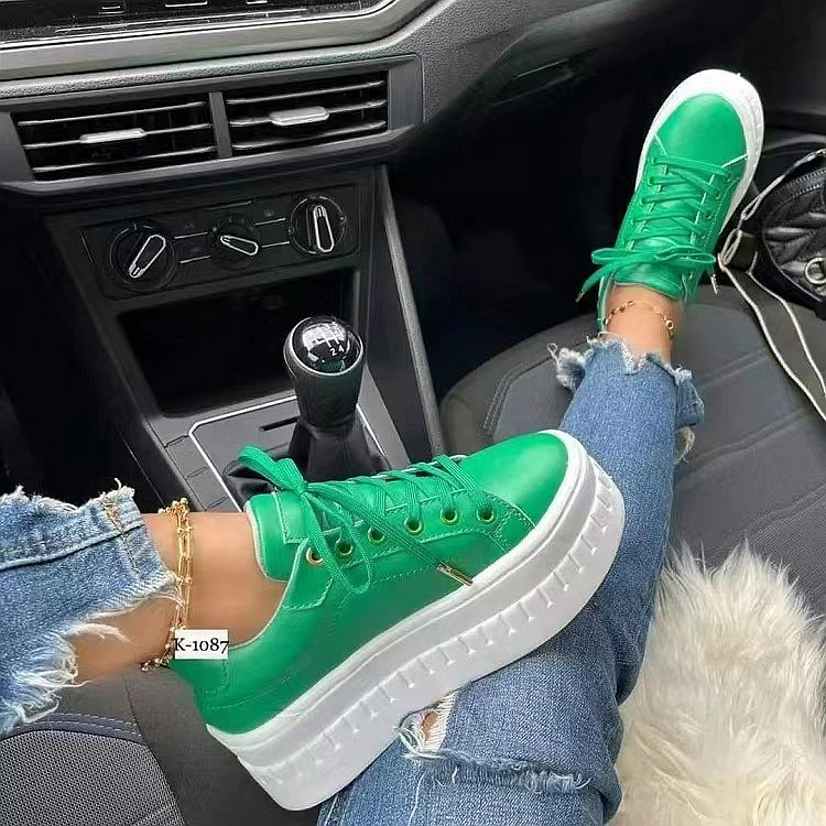 Moda nowych kobiet obuwie sznurowane skórzane buty w stylu casual gruby obcas płaskie wulkanizowane tenisówki Zapatillas Mujer A0087_voghion.com
