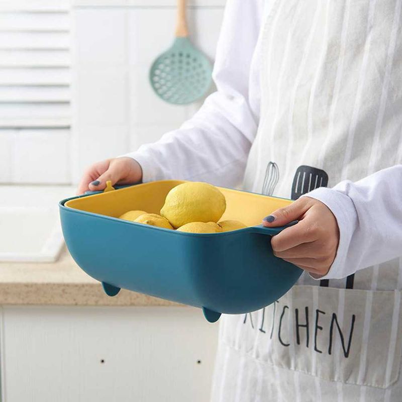 2Pcs 2-in-1 Kitchen Colander/Filter Bowl Double-layer Rotatable Drain Basin And Basket Clean Wash Mix Fruit For Vegetable Washing_voghion.com