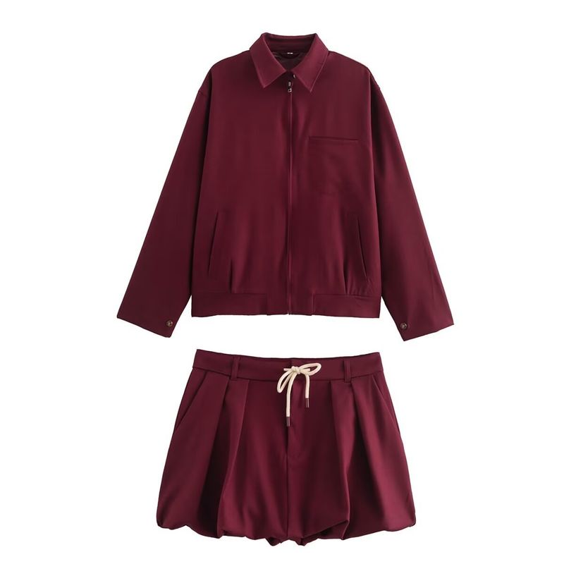 Women's Fashion Zip-Up Jacket With Pockets & Mini Lantern Skirt Set - Trendy Streetwear Outfit In Brick Red (Sizes S/M/L)_voghion.com