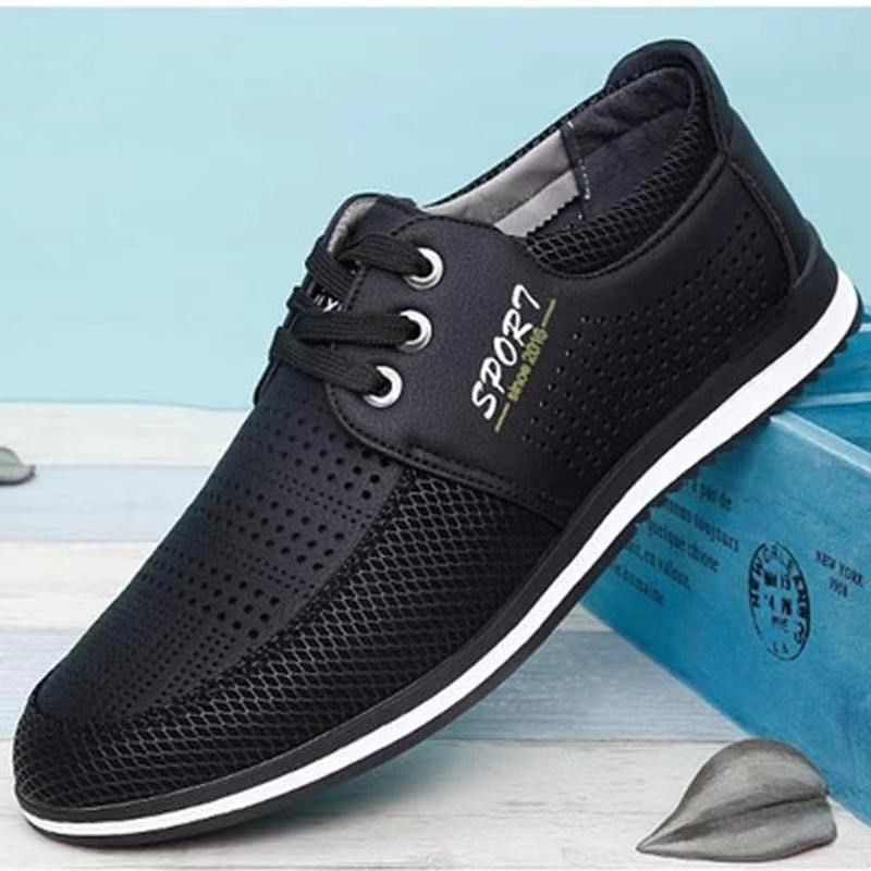 Euro Step Herren Atmungsaktive Casual Leder Jugend Schnürschuhe Hohl Mesh Sommer Runde Zehen Britische Business Dad Schuhe_voghion.com