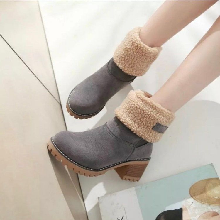 Botas de neve de camurça com salto grosso e cano médio para outono e inverno_voghion.com