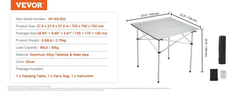 VEVOR Folding Camping Table, Outdoor Portable Side Tables, Lightweight Fold Up Table, Aluminum Ultra Compact Work Table With Carry Bag, For Cooking, Beach, Picnic, Travel, 24x16 Inch, Silver_voghion.com