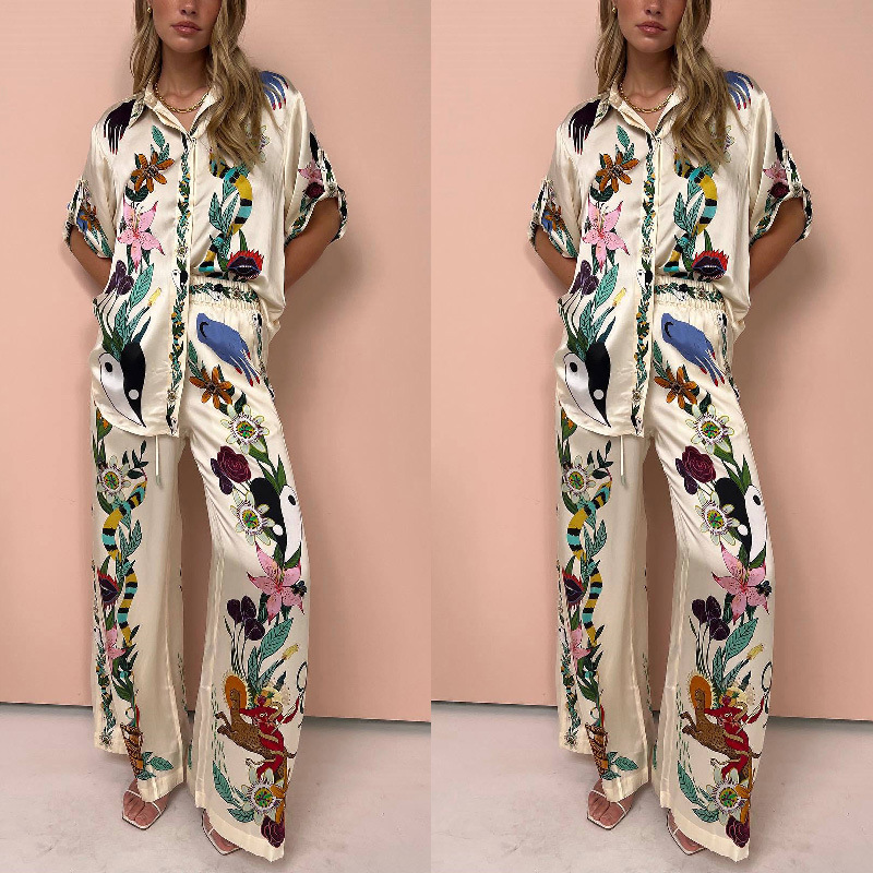 Long Sleeve Long Pant Sets Women Retro Lapel Single Breasted Blouses Trousers 2 Piece Set Printed Color-blocking Elastic Waist_voghion.com