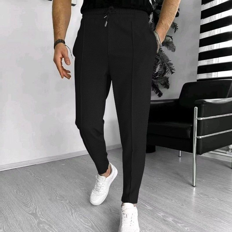 Pantaloni da jogging da uomo in maglia a nido d'ape - Pantaloni casual traspiranti in misto cotone con coulisse per palestra e streetwear (nero/bianco/grigio/kaki/blu navy, S-XXL)_voghion.com