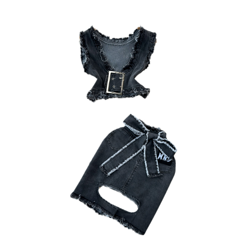 Damen Hot Girl Retro V-Ausschnitt Rüschen ärmelloses Jeanstop Zweiteiliger Hüftrock mit hoher Taille_voghion.com