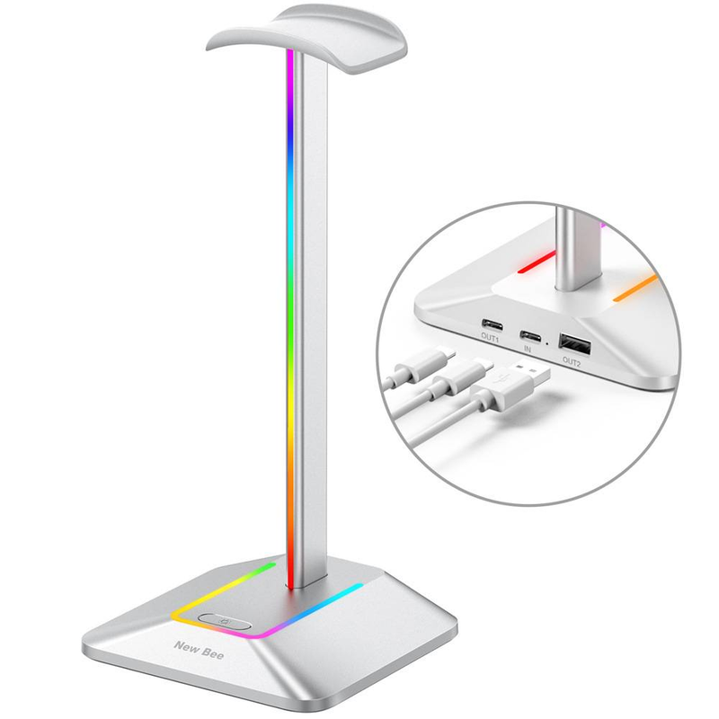 Headsetholder med 1 USB-C-opladningsport og 1 USB-opladningsport, headsetstativ til gaming med 7 lystilstande, velegnet til alt tilbehør til høretelefoner_voghion.com