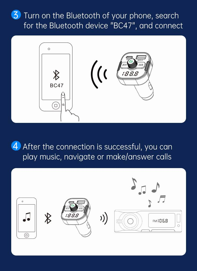 Adattatore Bluetooth per auto BC47 - Ricarica rapida, cancellazione del rumore CVC, compatibilità universale_voghion.com