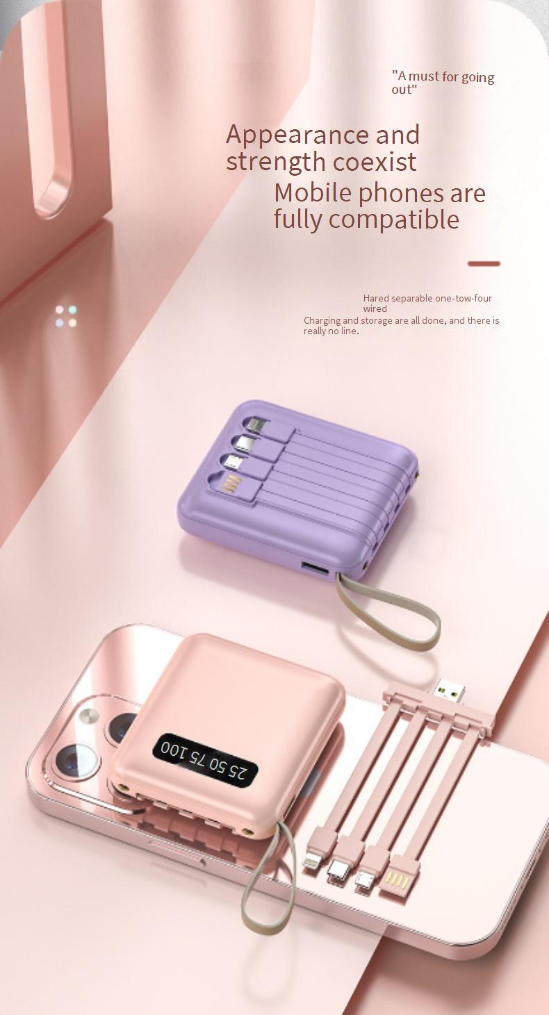 Dahili Kablolu, Hızlı Şarjlı, Yüksek Kapasiteli Harici Pil Paketine Sahip 20000mAh Taşınabilir Güç Bankası (Beyaz/Siyah/Pembe/Mor/Ayna Seçenekleri)_voghion.com