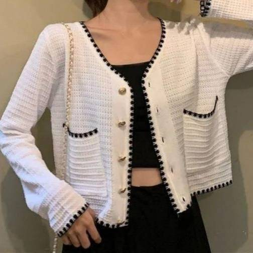 Lichtgewicht V-hals gebreide cardigan voor dames, dunne top met lange mouwen en open voorkant, korte cropped blouse met vetersluiting_voghion.com