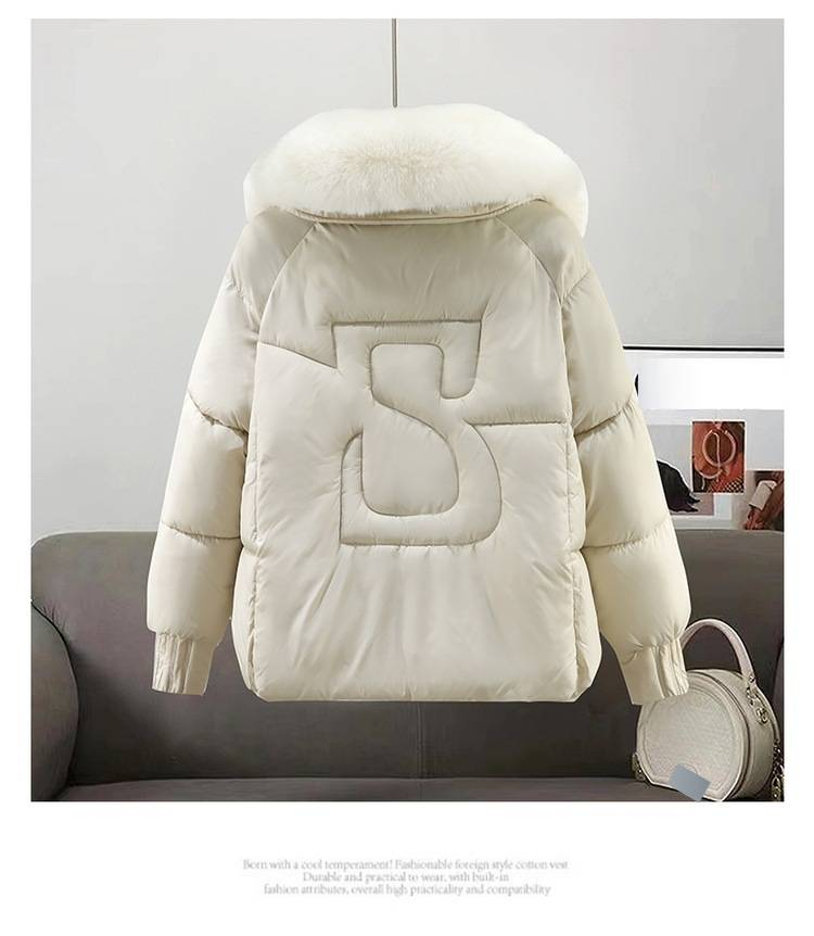 Women's Winter Puffer Jacket With Detachable Rabbit Fur Hood - Fashionable Quilted Coat, Oversized Fit, Short Length, Polyester Shell_voghion.com