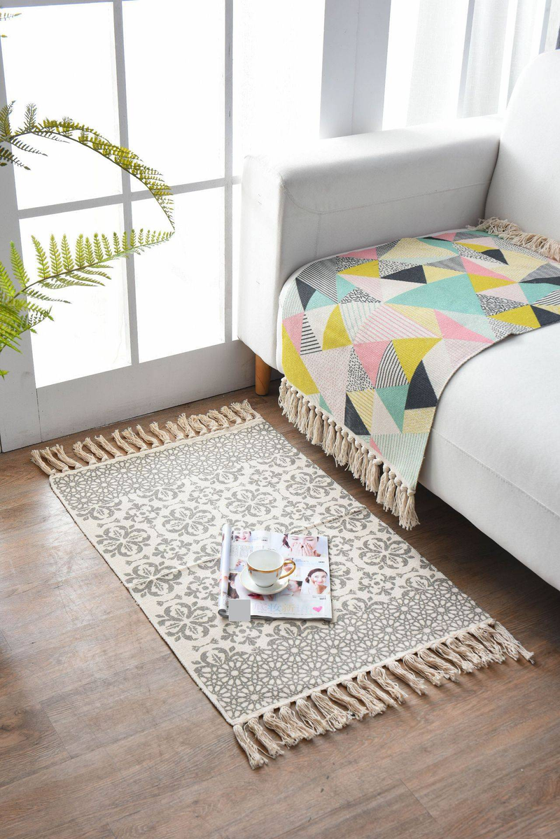 Tappeto in cotone tessuto a mano - 60x90 cm, stile bohémien, a righe, per soggiorno, camera da letto e ingresso (disegno geometrico, lavabile in lavatrice)_voghion.com