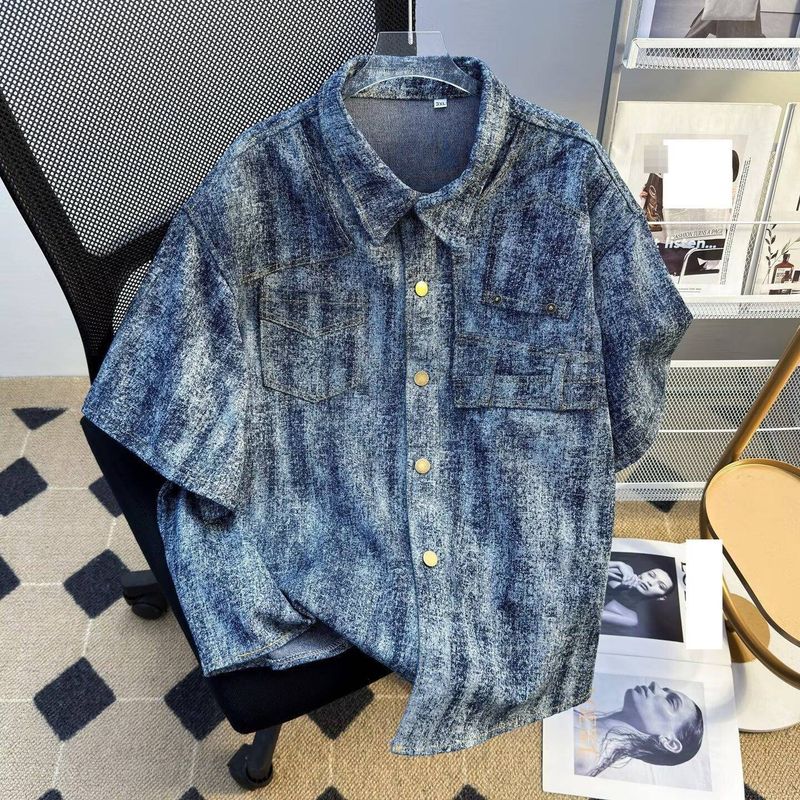 Vintage Blue Denim Shirt Jacket – Summer Lightweight Distressed Tie-Dye Design With Shoulder Pads & Short Sleeve T-Shirt Style_voghion.com