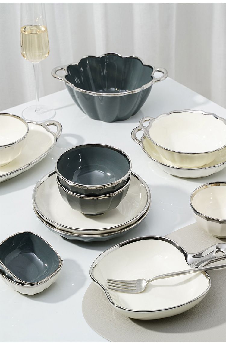 Minimalist Ceramic Tableware Set With Silver Electroplating - Japanese-Inspired Bowls & Plates For Home, Restaurant & Gifting_voghion.com