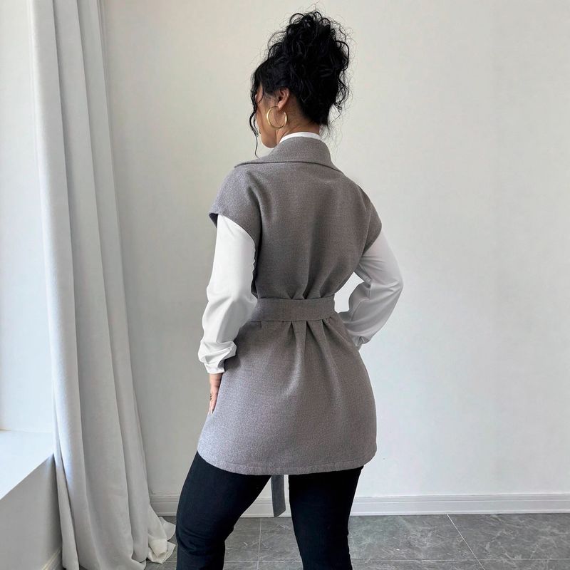 Chaleco de lana con cinturón para mujer – Prenda exterior holgada de moda para otoño e invierno, elegante y versátil para combinar con otras prendas._voghion.com