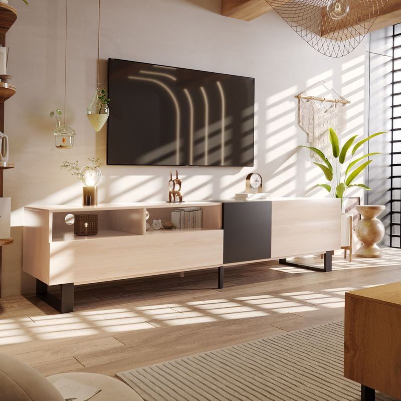 Modern TV Stand For 80'' TV With Double Storage Space, Media Console Table, Entertainment Center With Drop Down Door For Living Room, Bedroom, Home_voghion.com