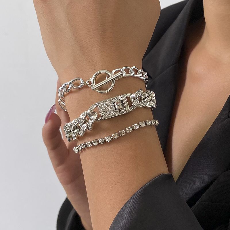 Accessories Hip-Hop Full Diamond Cuban Link Geometric Bracelet Elegant Simple Inlaid Chain Set Jewelry_voghion.com