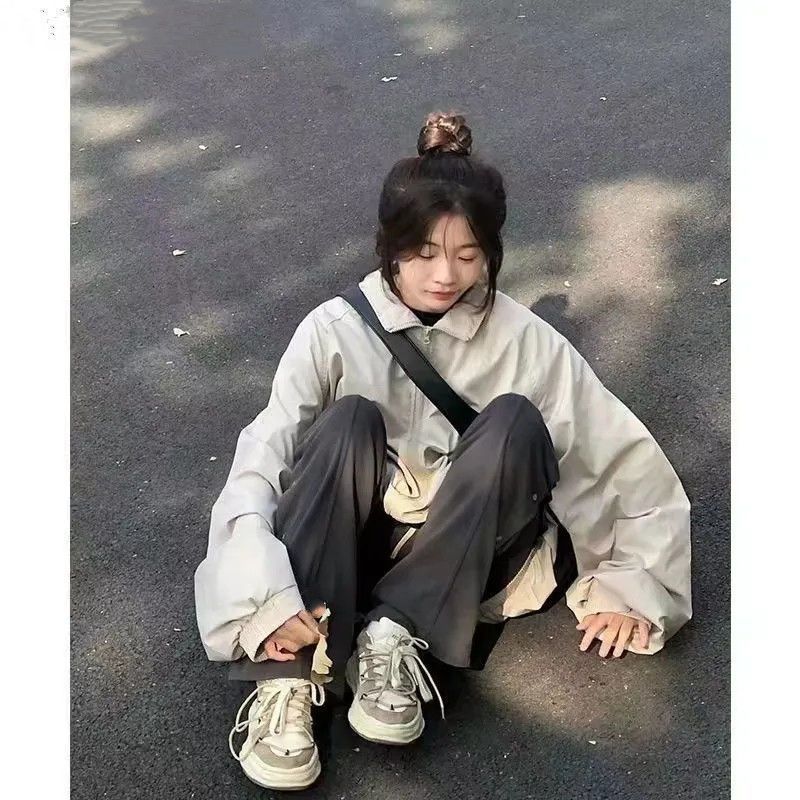 Harajuku Style BF Turn-Down Collar Workwear Female Students, Loose Outdoor Casual Jacket For Spring And Autumn_voghion.com