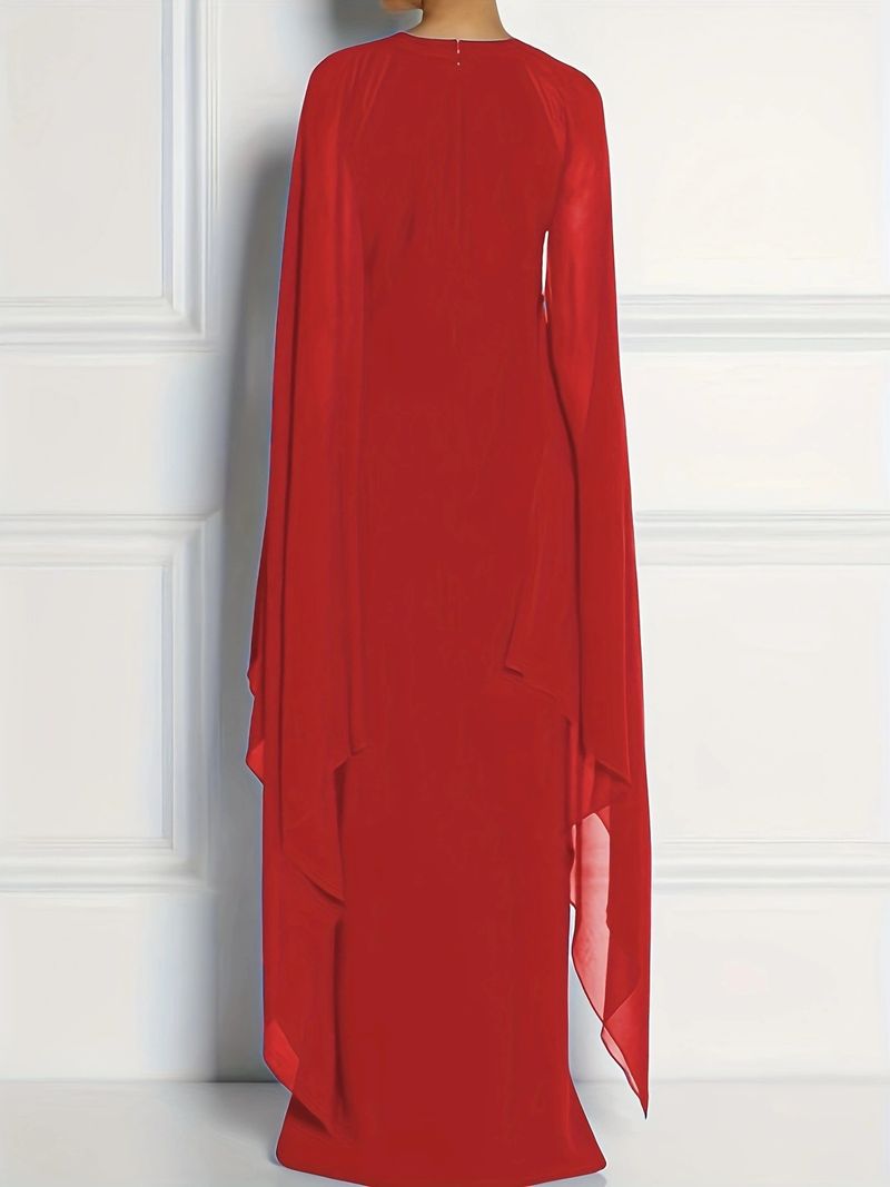 Elegant Plus Size Long Evening Dress With Slit & Batwing Sleeves - Stretchy Polyester Formal Gown For Women (Red, Blue, Black, 1XL-4XL)_voghion.com